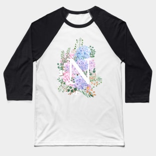 botanical monogram alphabet N hydrangea flowers Baseball T-Shirt